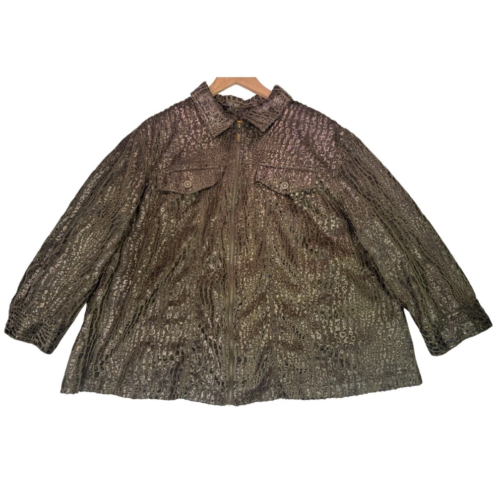 Ruby Rd Snake Print Animal Print Zip Up Jacket Olive/Brown Lightweight Size 22W
